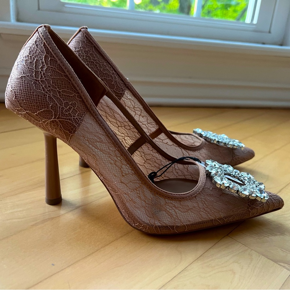 Zara nude lace heels with gem detail, NWT